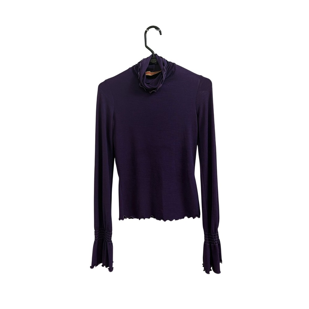 Bisou Bisou Y2K Turtleneck Top Whimsigoth Women L Purple Lettuce Hem Bell Sleeve